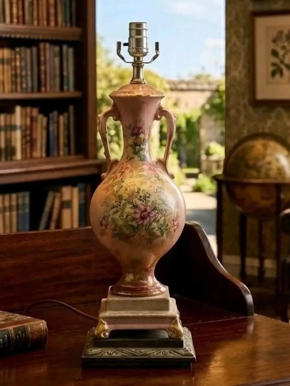 Vintage Beckwith China Hand Painted Floral Porcelain Table Lamp Gilt